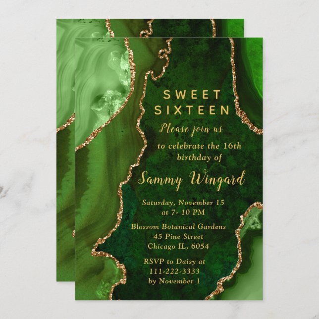 Invitación Green and Gold Agate Marble Sweet Sixteen (Anverso / Reverso)