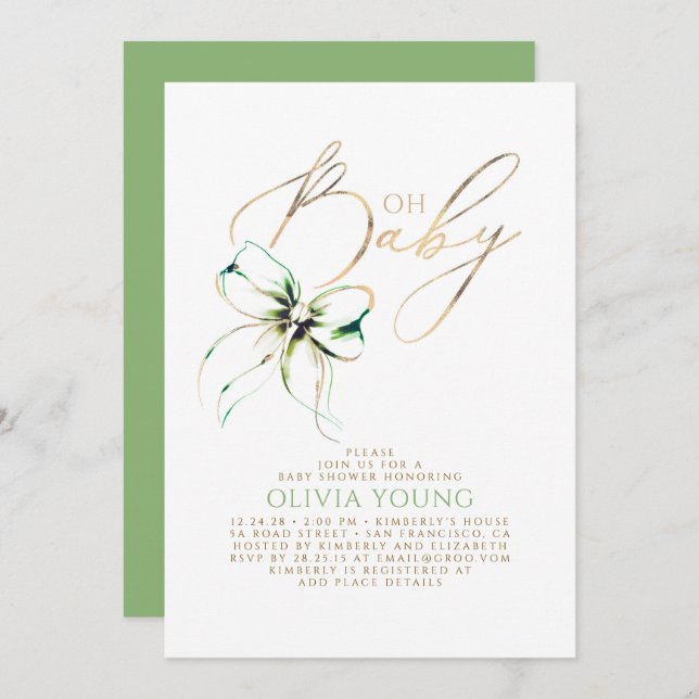 Invitación Green and Gold Bow Gender Neutral Baby Shower (Anverso / Reverso)