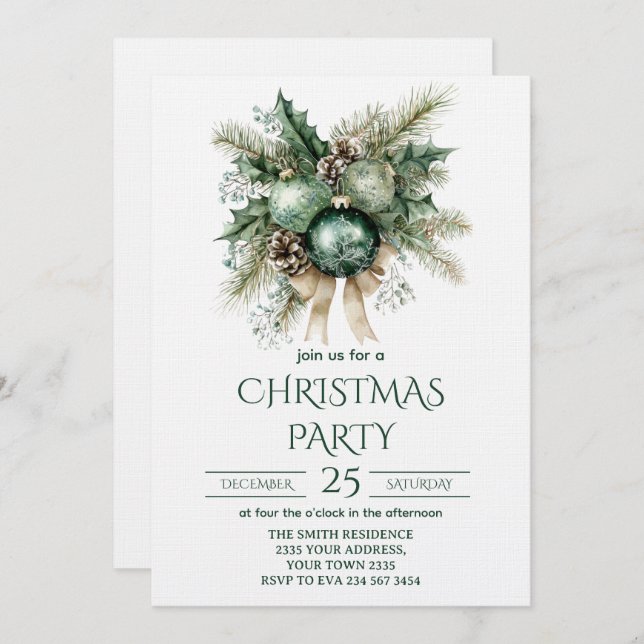 Invitación Green and Gold Christmas Party (Anverso / Reverso)