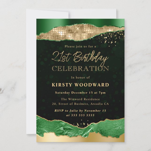 Invitación Green and Gold Glam Lears Birday Party (Anverso)