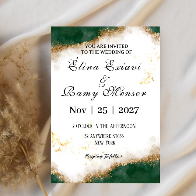 Invitación Green and gold marble original wedding invitation  (Subido por el creador)