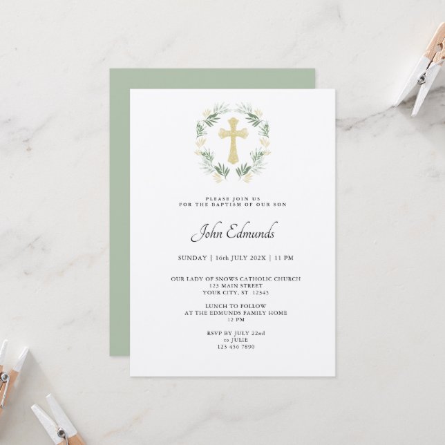 Invitación Green and Gold Minimalist Baptism Invitation (Anverso/Reverso In Situ)