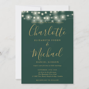 Invitación Green And Gold String Lights Script Photo Boda