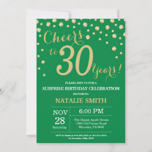 Invitación Green and Gold Surprise 30th Birthday Diamond