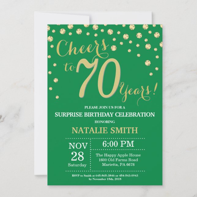 Invitación Green and Gold Surprise 70th Birthday Diamond (Anverso)