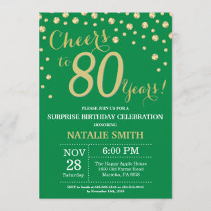 Invitación Green and Gold Surprise 80th Birthday Diamond