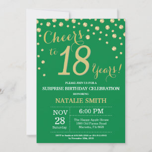 Invitación Green and Gold Surprise Diamante 18 de Cumpleaños