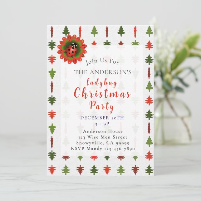 Invitación Green and Red Christmas Trees Ladybug Party (Anverso de pie)