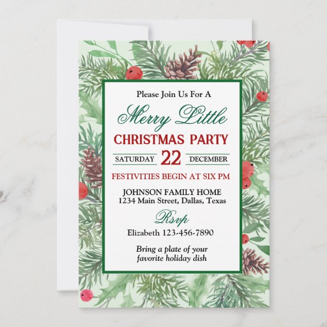 Invitación Green and Red Holly Border Christmas Party (Anverso)