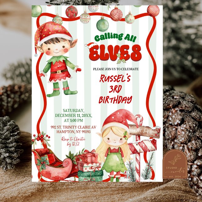 Invitación Green and Red Retro Calling All Elves Birthday (Subido por el creador)