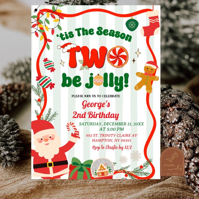 Invitación Green and Red Retro Christmas Winter 2nd Birthday (Subido por el creador)