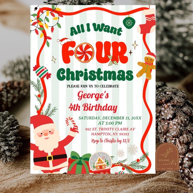 Invitación Green and Red Retro Christmas Winter 4th Birthday (Subido por el creador)