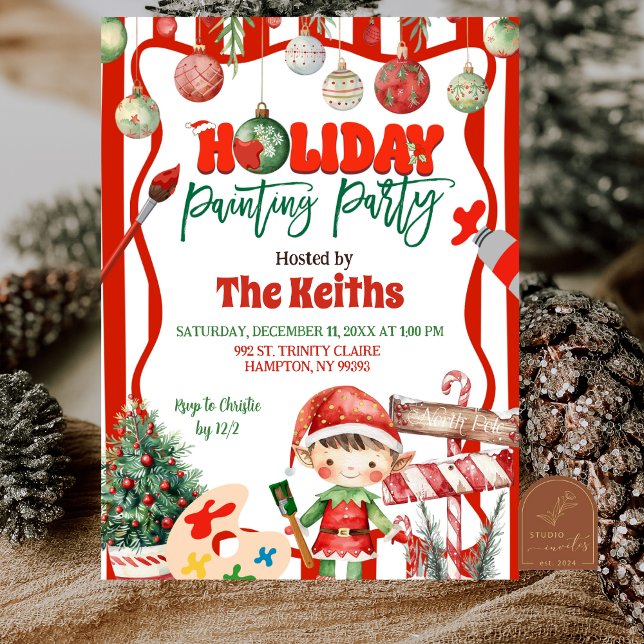 Invitación Green and Red Retro Kid's Holiday Painting Party (Subido por el creador)
