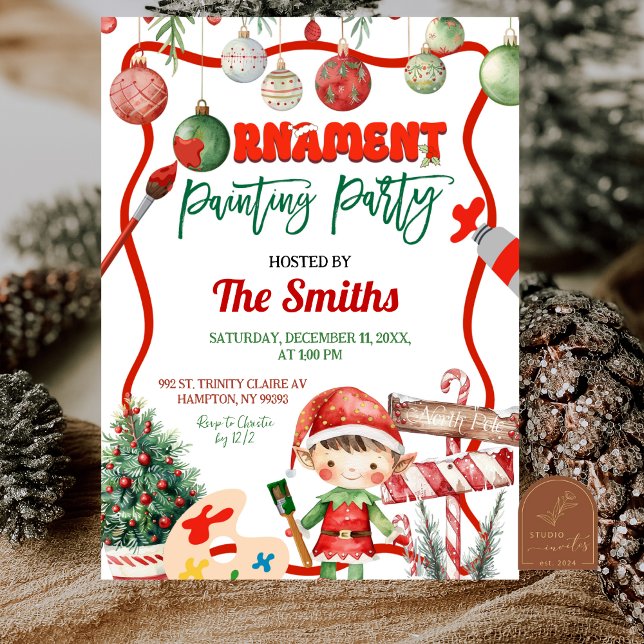 Invitación Green and Red Retro Kid's Ornament Painting Party (Subido por el creador)