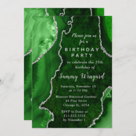 Invitación Green and Silver Agate Marble Birthday Party