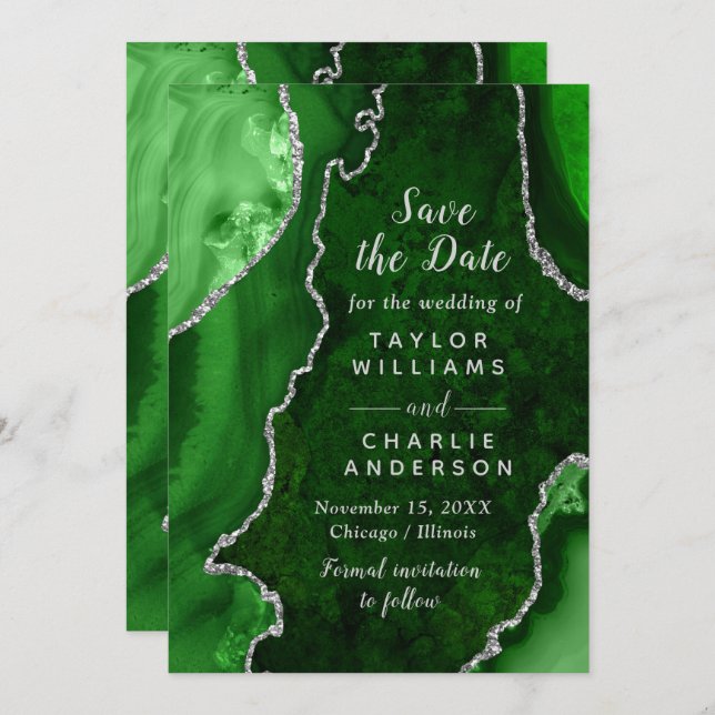 Invitación Green and Silver Agate Marble Save The Date (Anverso / Reverso)