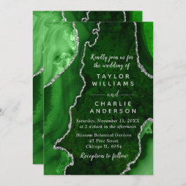 Invitación Green and Silver Agate Marble Wedding
