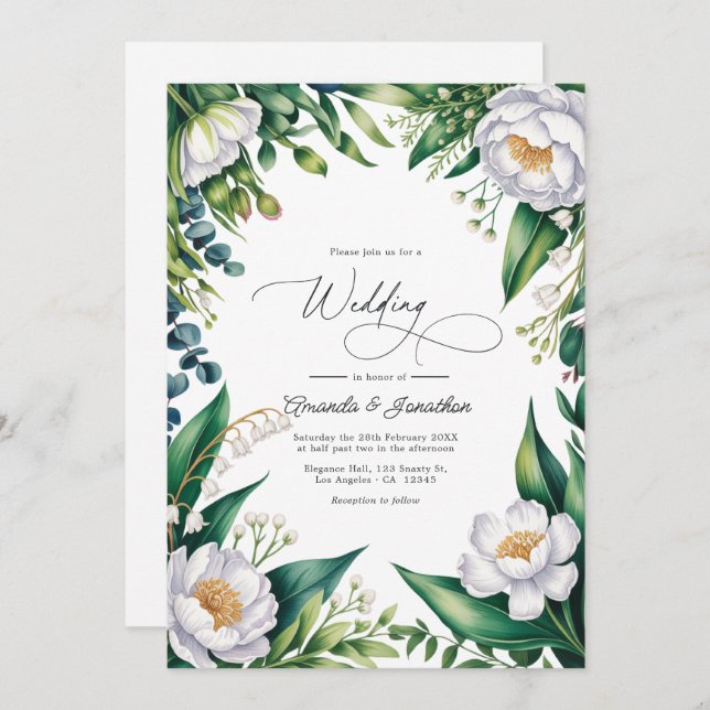 Invitación Green and White Botanical Floral Wedding QR Code (Anverso / Reverso)