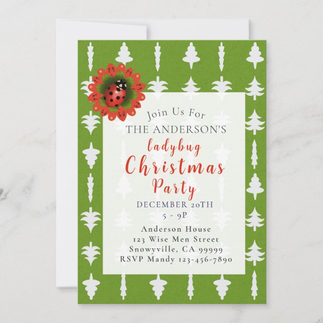 Invitación Green and White Christmas Tree Ladybug Party (Anverso)
