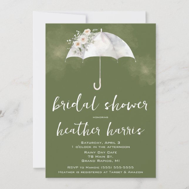 Invitación Green and White Floral Umbrella Bridal Shower (Anverso)