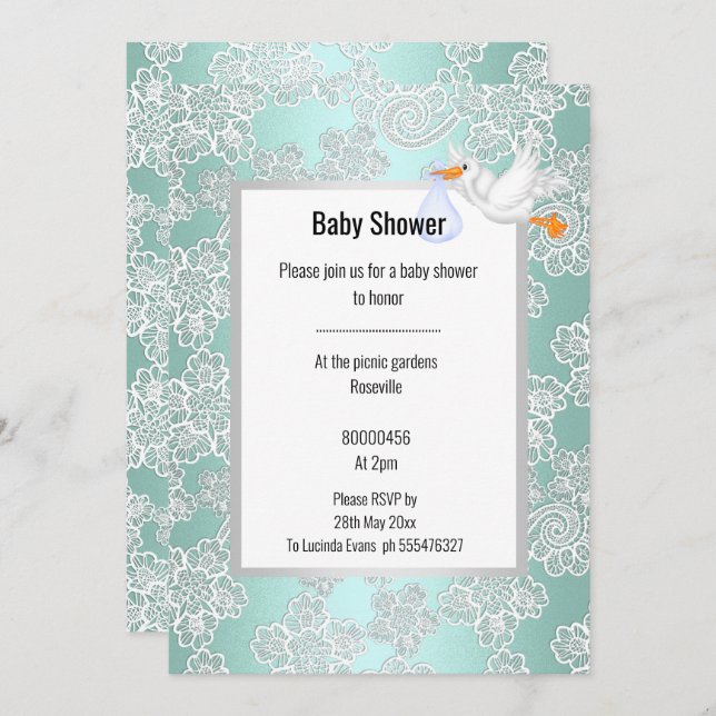 INVITACIÓN GREEN AQUA LACE DETALLE BLANCO STORK BABY SHOWER (Anverso / Reverso)