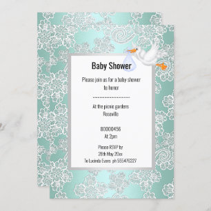 INVITACIÓN GREEN AQUA LACE DETALLE BLANCO STORK BABY SHOWER