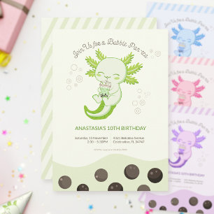 Invitación Green Axolotl Bubble Boba Tea Kids Cumpleaños