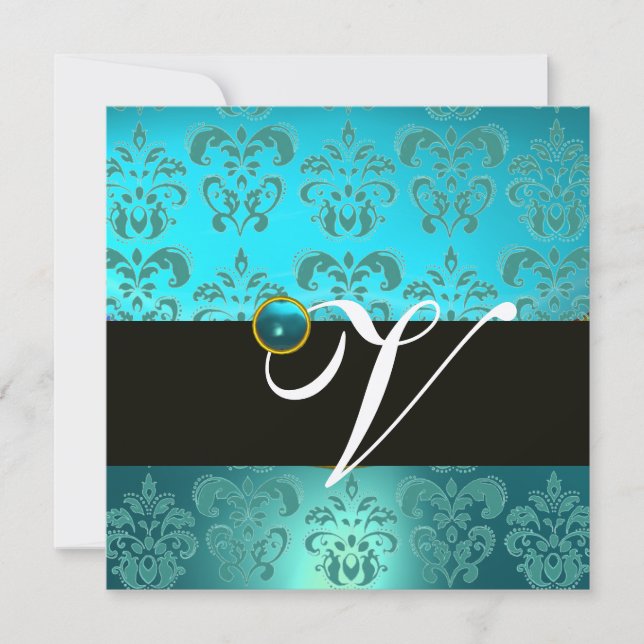 INVITACIÓN GREEN AZUL TURQUESA DE ORO NEGRO DAMASK MONOGRAM , (Anverso)
