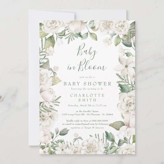 Invitación Green Baby In Bloom Floral White Baby Shower (Anverso)