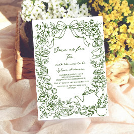 Invitación green baby shower tea bow hand drawn