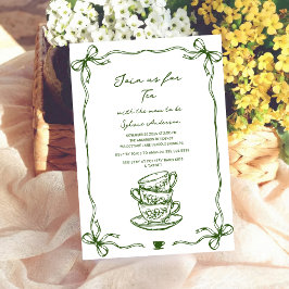 Invitación green baby shower tea bow hand drawn