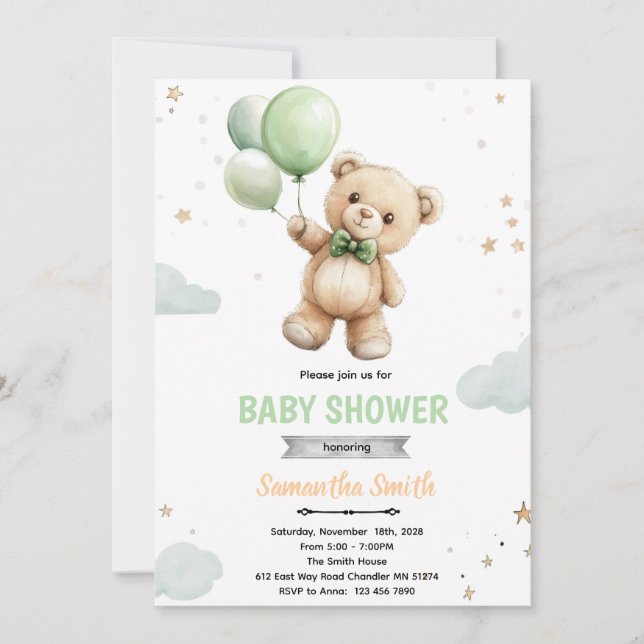 Invitación Green balloon bear baby shower invitation (Anverso)