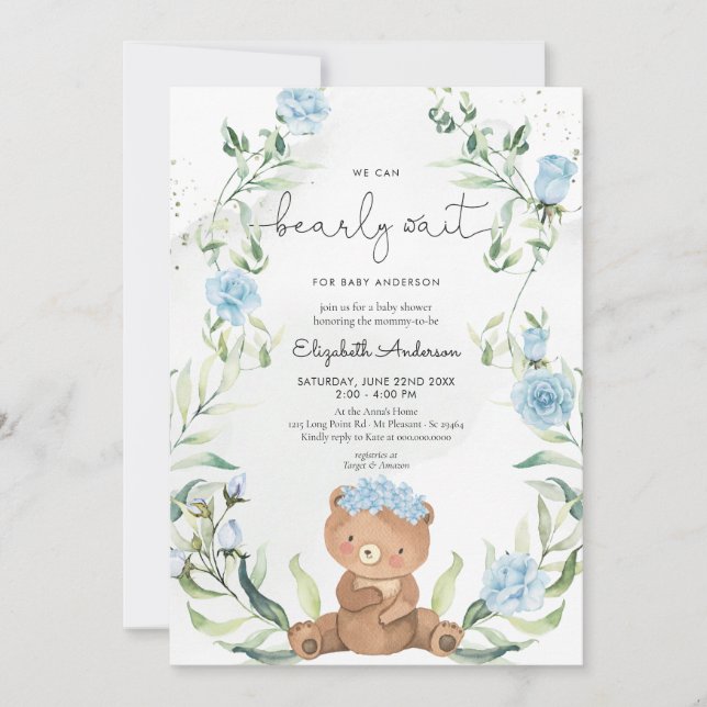 Invitación Green Bear Blue Floral Boy Baby Shower (Anverso)