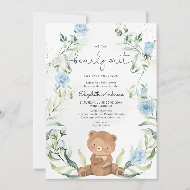 Invitación Green Bear Blue Flowers Boy Baby Shower (Anverso)