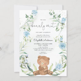 Invitación Green Bear Blue Flowers Boy Baby Shower