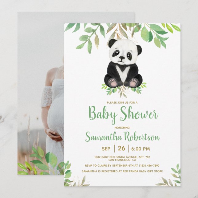 Invitación Green Bear Greenery Gold Neutral Baby Shower Photo (Anverso / Reverso)