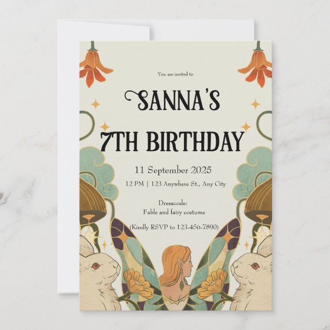 Invitación Green beige Naranja Cute Fairy Cana de cumpleaños (Anverso)