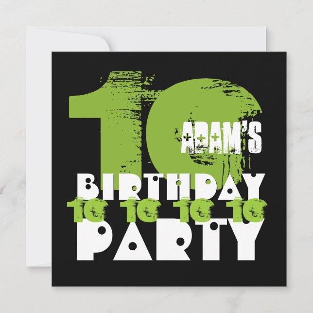 Invitación GREEN BLACK 10th Birthday Party V02B de 10 años (Anverso)