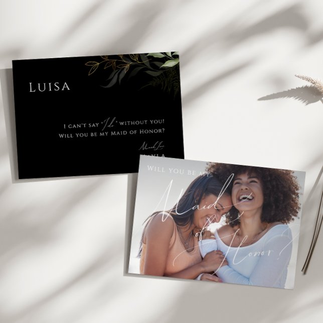 Invitación Green Black and Gold Photo Maid of Honor Card (Subido por el creador)