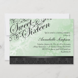 Invitación Green & Black Chic Floral Damask Sweet16 Invite