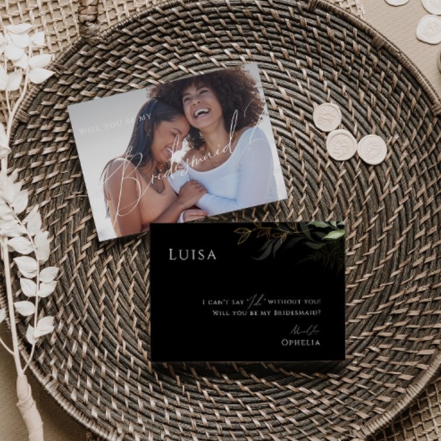 Invitación Green Black Gold Faded Photo Bridesmaid Card (Subido por el creador)