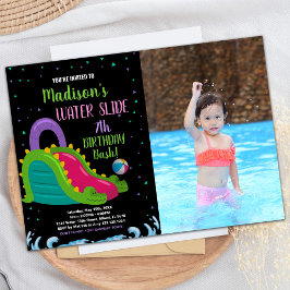 Invitación Green Black Pink Photo Water Slide Birday