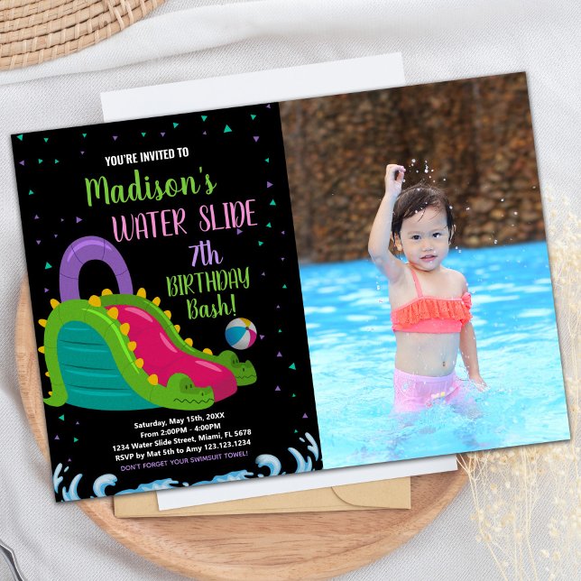 Invitación Green Black Pink Photo Water Slide Birday (Green Black Pink Photo Water Slide Birthday Invitation)