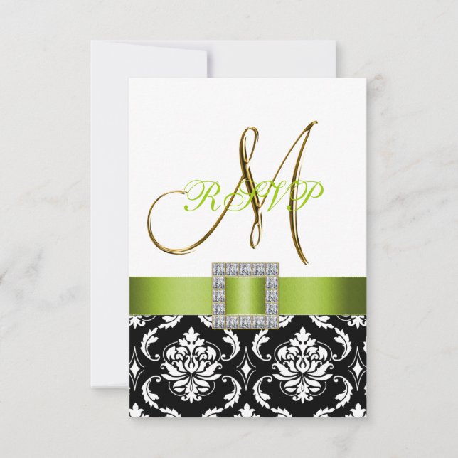 Invitación Green Black White Damask Primer Wedding RSVP (Anverso)