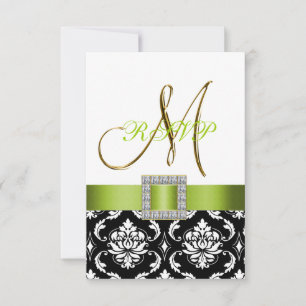 Invitación Green Black White Damask Primer Wedding RSVP