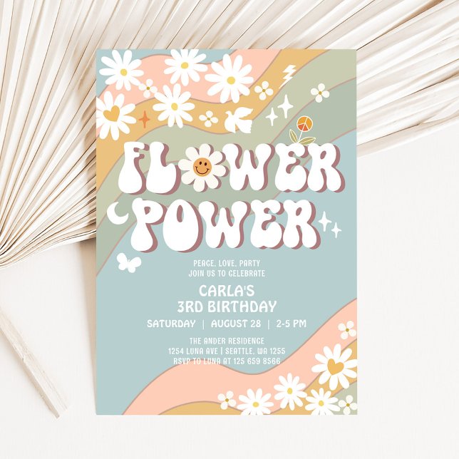 Invitación Green Blue Flower Power Hippie 70s Cumpleaños retr (Subido por el creador)