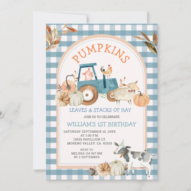 Invitación Green Blue Gingham Pumpkins Farm Animal Birday (Anverso)