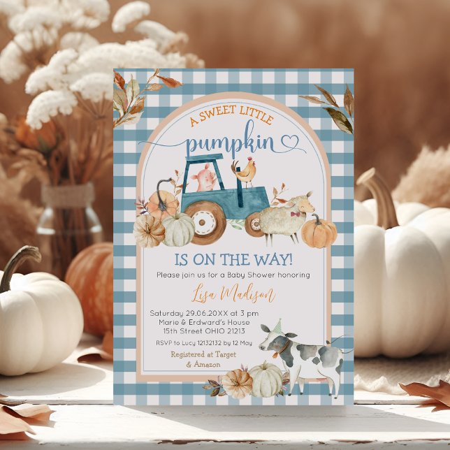 Invitación Green Blue Gingham Sweet Pumpkin Fall Baby Shower (Subido por el creador)