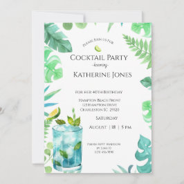 Invitación Green Blue Leaves 40th Birthday Cocktail Fiesta