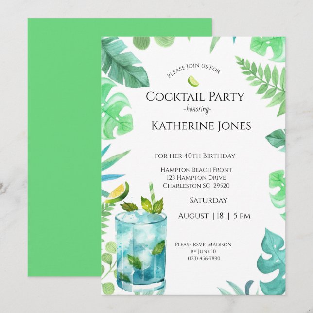 Invitación Green Blue Leaves 40th Birthday Cocktail Fiesta (Anverso / Reverso)
